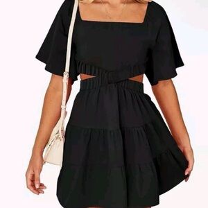 Shy Velvet Small Square Neck Openwork Backless Little Black Dress Sexy